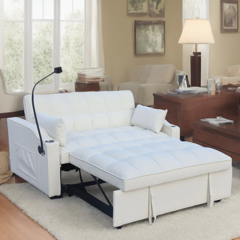 Causeuse moderne en velours beige, canapé-lit convertible 3 en 1, inclinable réglable, coussins décoratifs, poches, facile à nettoyer et à entretenir, comprend 2 supports de téléphone à chargement doux, lit double pour bureau