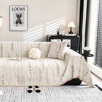 Cream Beige Abstract Textured Sofa Cover Blanket With Tassels Chenille All-season Couch Slipcover Boho Farmhouse Sofa Throw For Living Room