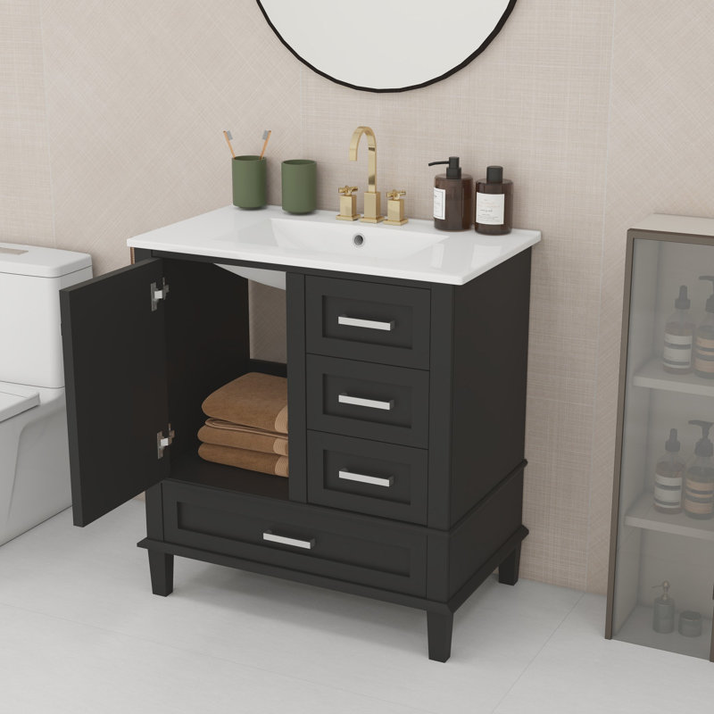 Meuble-lavabo avec rangement, Noir, Argent argent, 30"