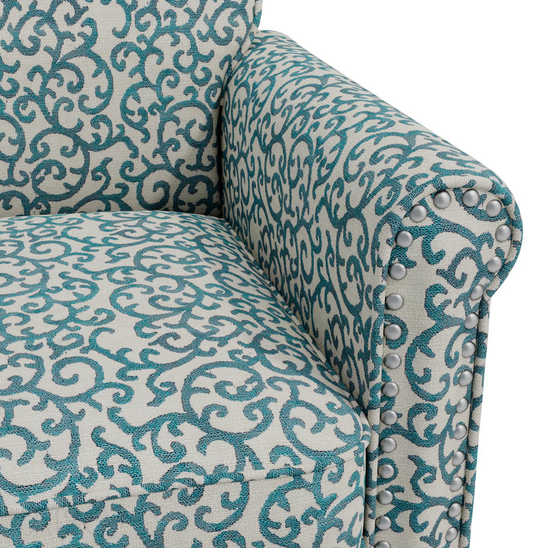 Chaise d'appoint à motif de vigne bouclée bleue avec pieds en bois massif brun foncé, Cream, Brown