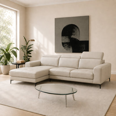 Canapé modulaire en L 109,3 po avec méridienne en cuir véritable avec repose-têtes réglables, gris