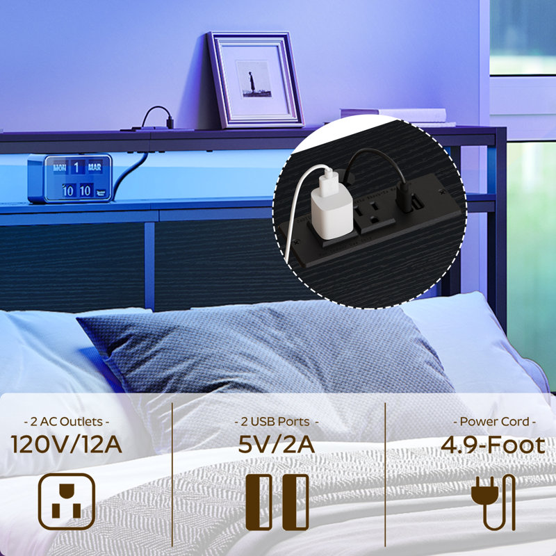 Lutske 60"W×40"H Storage Headboard with  LED Light and Charging Station, Height Adjustable, Queen, Black