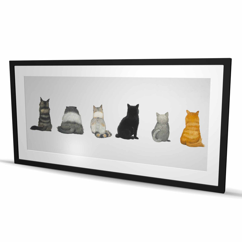Six Cats Lined Up Back View - Brown Framed Matted Print