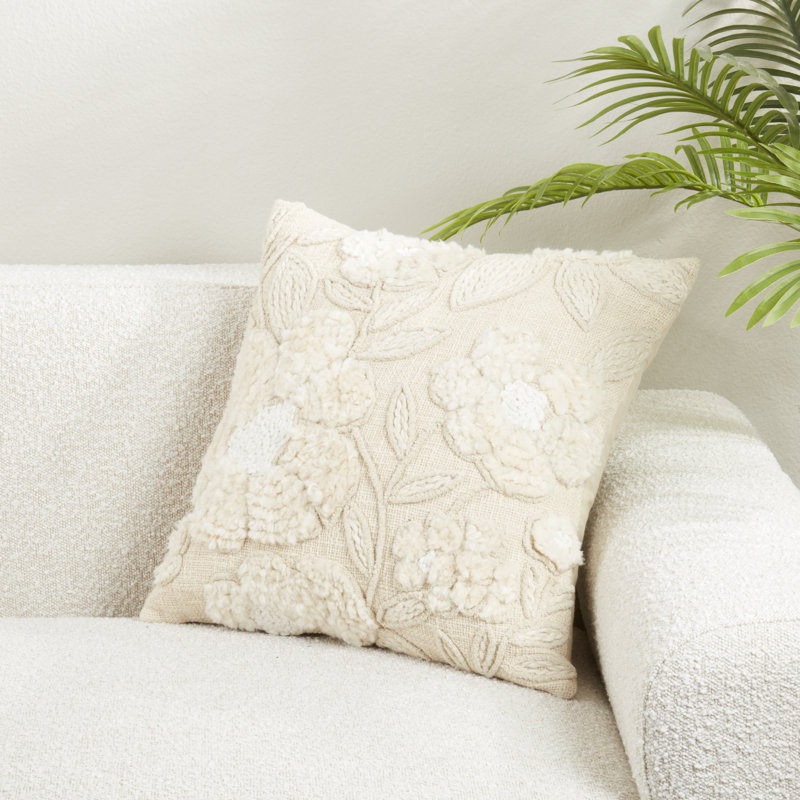 Beige Embroidered Floral Cotton Throw Pillow with Duck Feather Fill
