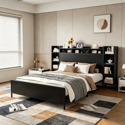 Bed Frame with USB Charging Station, Storage Headboard and with Led Light, Heavy Duty Metal Platform Bed Frame