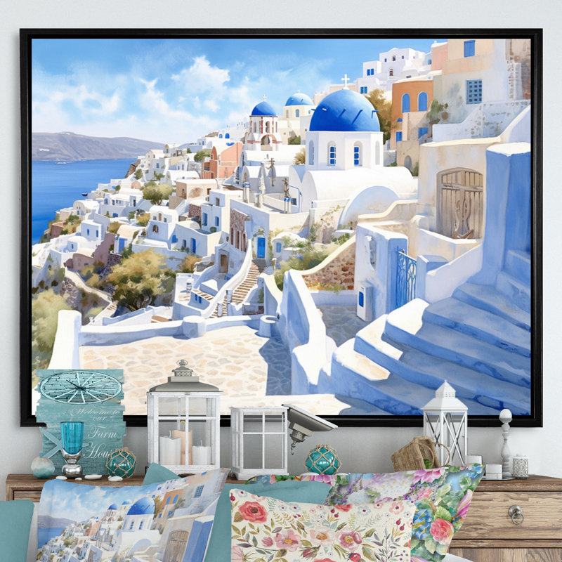 Grecque Santorini Odyssey II - Grèce, art mural, H 24 po x l 32 po x P 1 po, Cadre flottant noir