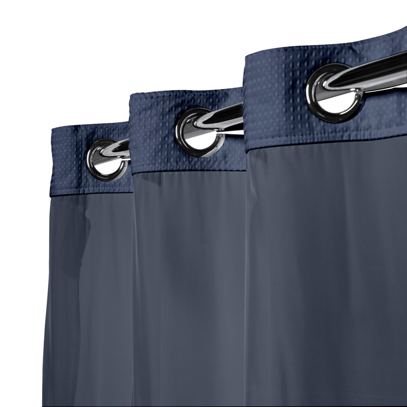 Hookless Waffle Shower Curtain, 3-in-1 Shower Curtain Includes Fabric Shower Curtain with Sheer Top Window, Flex-on Rings & Fabric Liner, 71 In Wide x 74 In Long, Navy