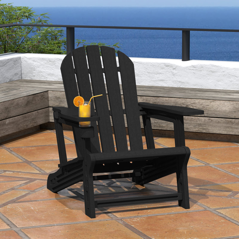 Outdoor Poly Adirondack Chair With Cup Holder, Black