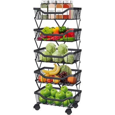 Fruit Vegetable Storage Basket 5 Tiers Stackable Metal Wire Fruit Basket Kitchen Cart With Wheels Vegetable Storage Holder For Onions Potatoes Bread Snack Veggie