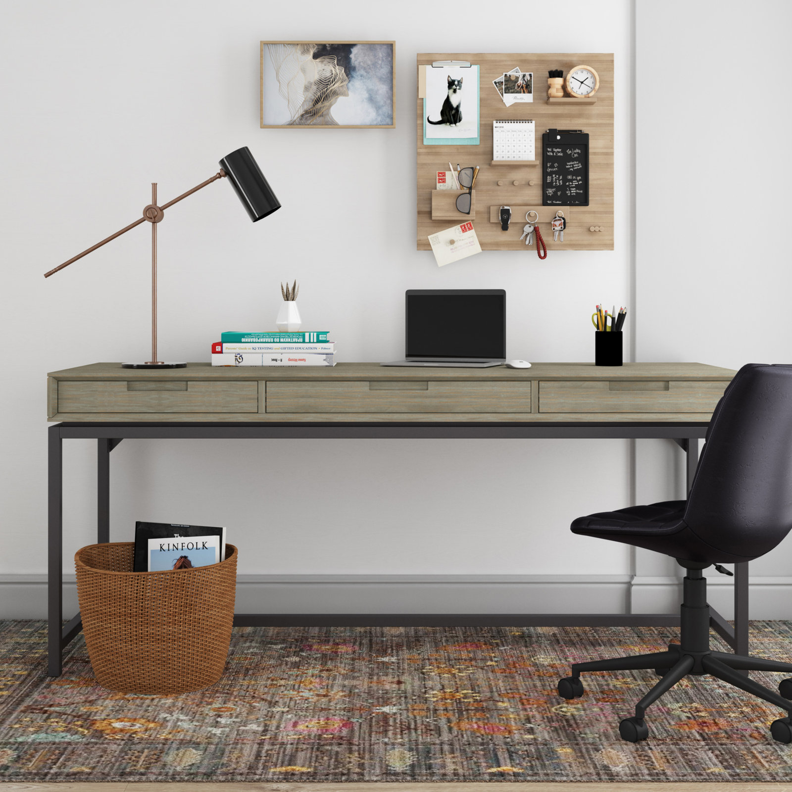 Lars Writing Desk, 31.50" H x 72" W x 24" D, Distressed Grey/Black