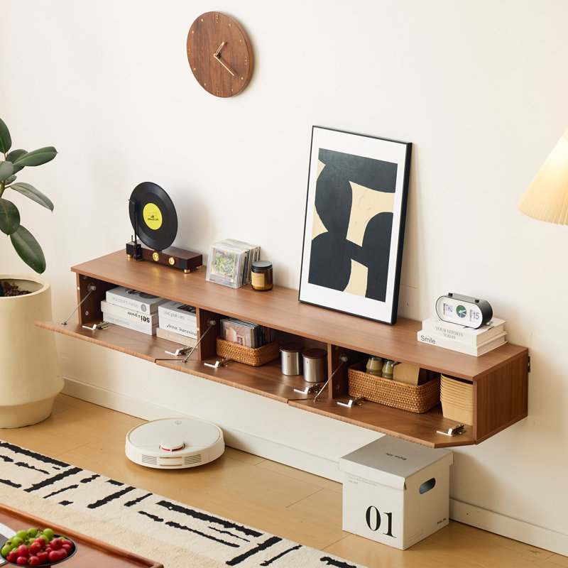 Calonne Floating Fluted TV Stand for 70" TV, LED Lighting & Flip-Down Storage, Free Standing Media TV Console, Wood