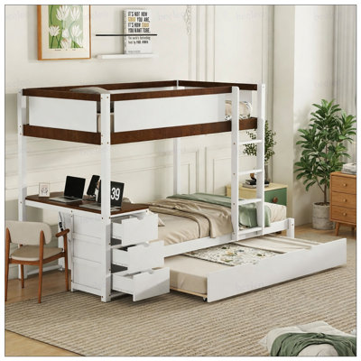 Lit superposé simple au-dessus de simple avec lit gigogne simple, rangement et bureau