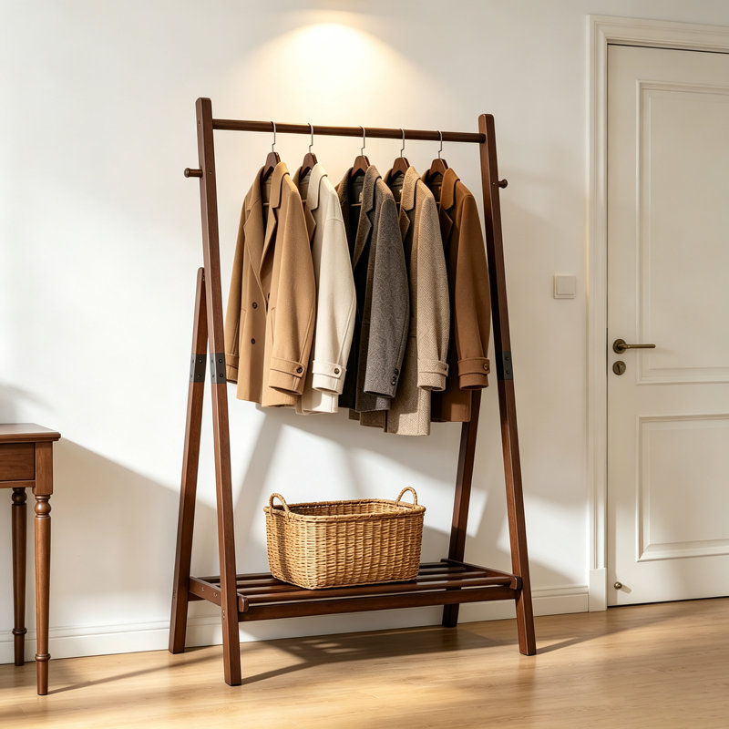 Portant à vêtements autoportant en bois massif, en forme de A, avec étagère de rangement inférieure et crochets latéraux, idéal pour la chambre, l'entrée, le couloir et la buanderie (noyer).