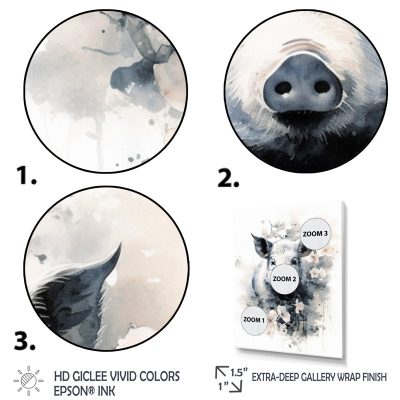 «Heleen Asian Art Pig Sumi», reproduction sur toile, H 32 po x l 16 po x P 1 po, Cadre naturel flottant