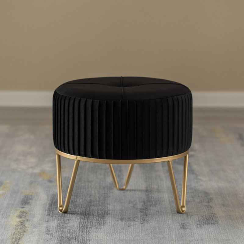 Black Velvet Round Ottoman with Gold Hairpin Base
