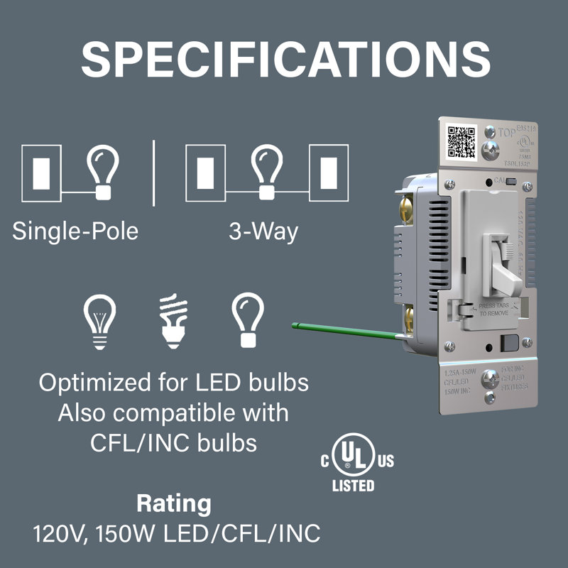 Toggle Slide 150W Advanced LED Dimmer, Single-Pole/3-Way, Grey, 1