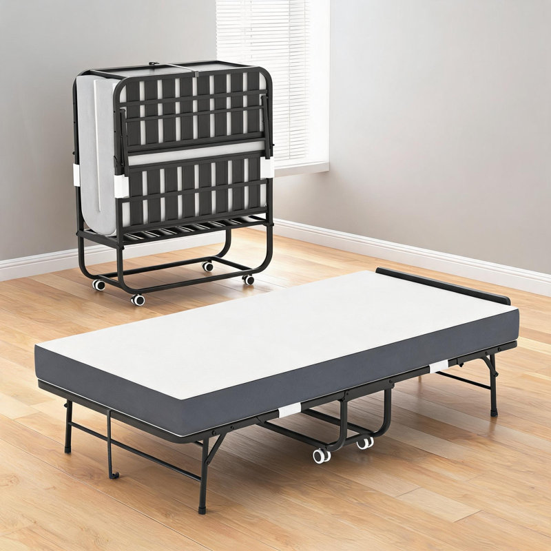 Lit escamotable extra-pliable en métal extra-long avec tête de lit ajustable, noir mat