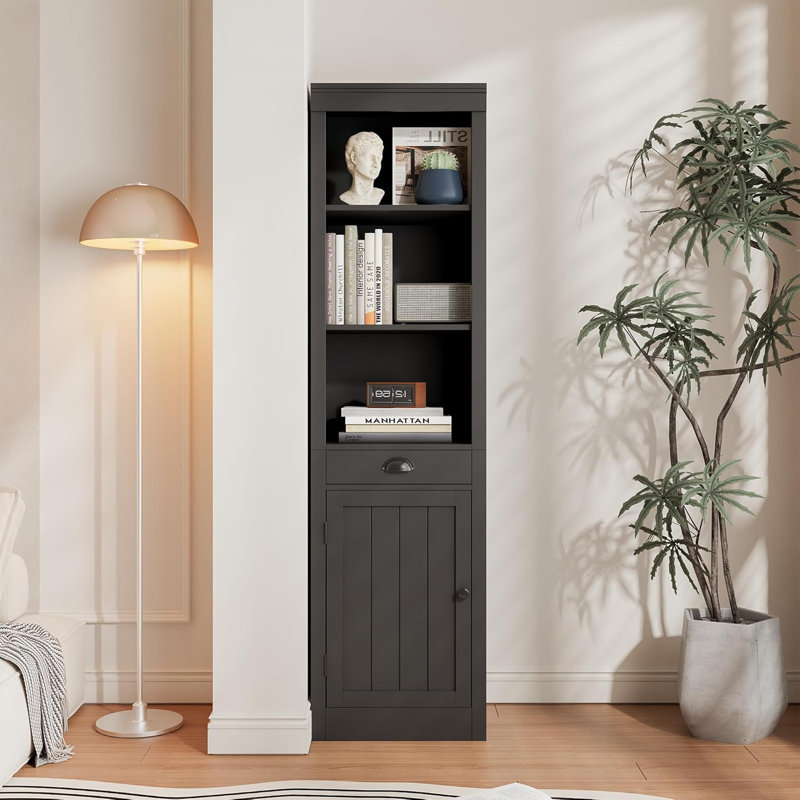 3-Shelf Bookcase with Cabinet, 71" Tall Bookshelf in White, Open Shelves & Door Storage Organizer, Black