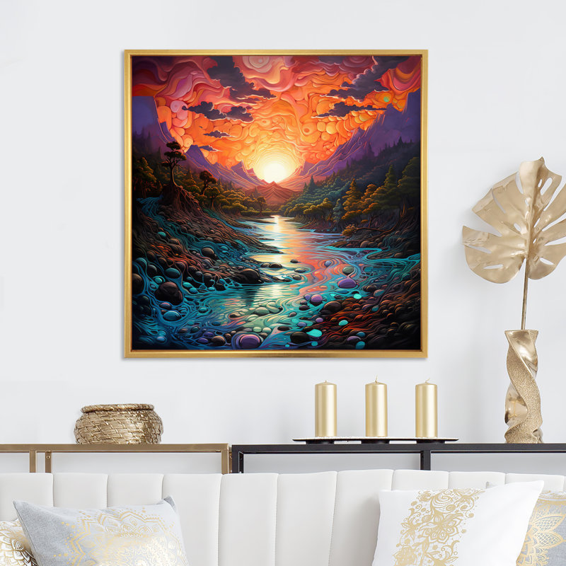 Coucher de soleil sur une rivière de montagne sur toile, Cadre flottant doré, 36" H x 36" W