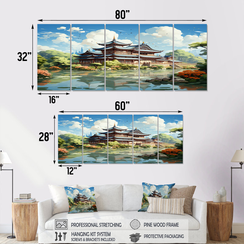 Tranquil Japanese Landscape - China, art mural sur toile 5 pièces, H 28 po x l 60 po