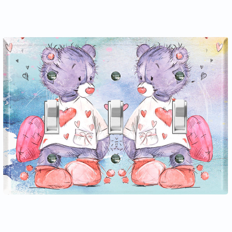 Metal Light Switch Plate Outlet Cover (Sleepy Teddy Bear Dreamy Love Hearts - Triple Toggle)