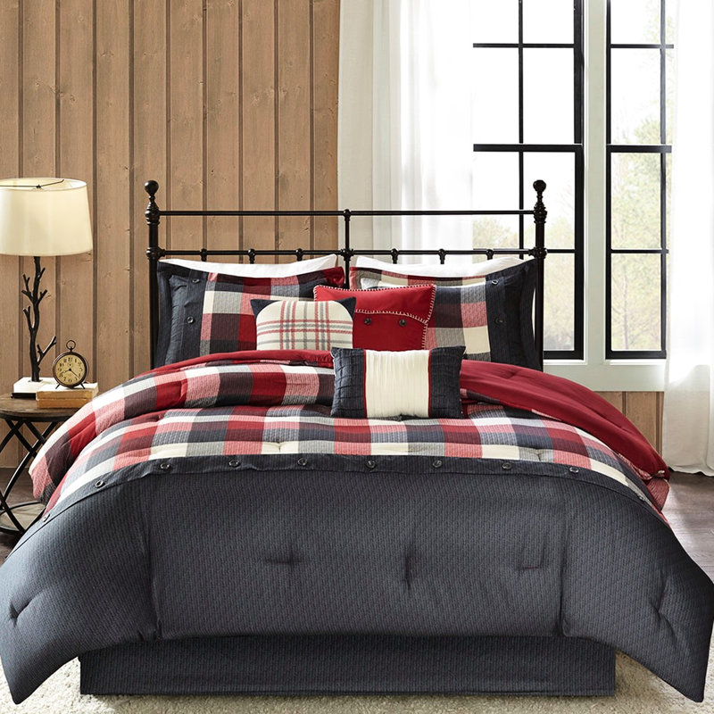 Édredon 7 pièces Red Queen - Buffalo Plaid 2 taies décoratives, 3 coussins décoratifs et jupe de lit, Rouge