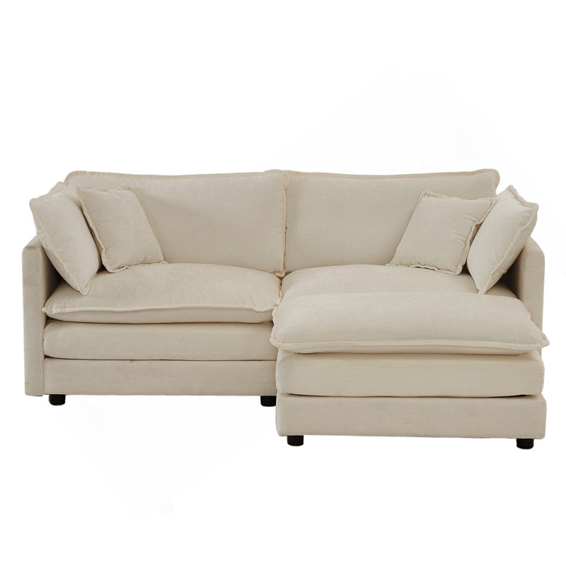 Canapé à deux places en chenille avec 1 repose-pieds, canapé modulaire en L avec repose-pieds 2 places, causeuse avec repose-pieds pour petit espace de vie, chenille beige