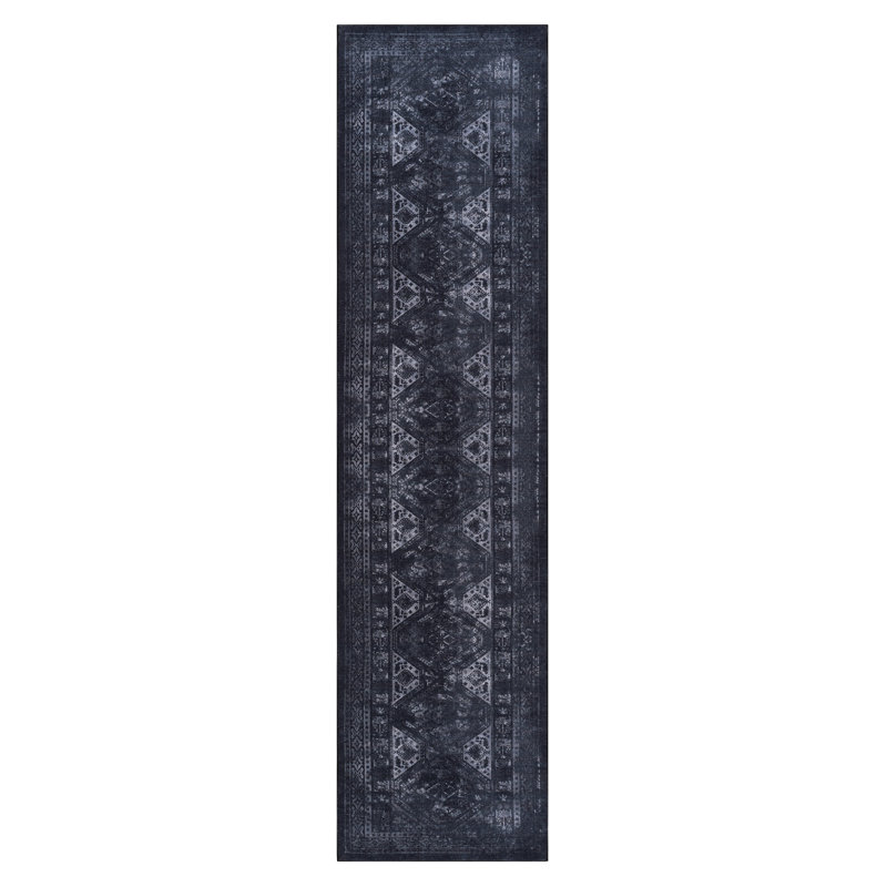Low-Pile Area Rug For Living Room - Machine Washable, Non-Slip, Non-Shedding, Pet & Safe  Black + Gray, 2'6'' X 10' Low-Pile,