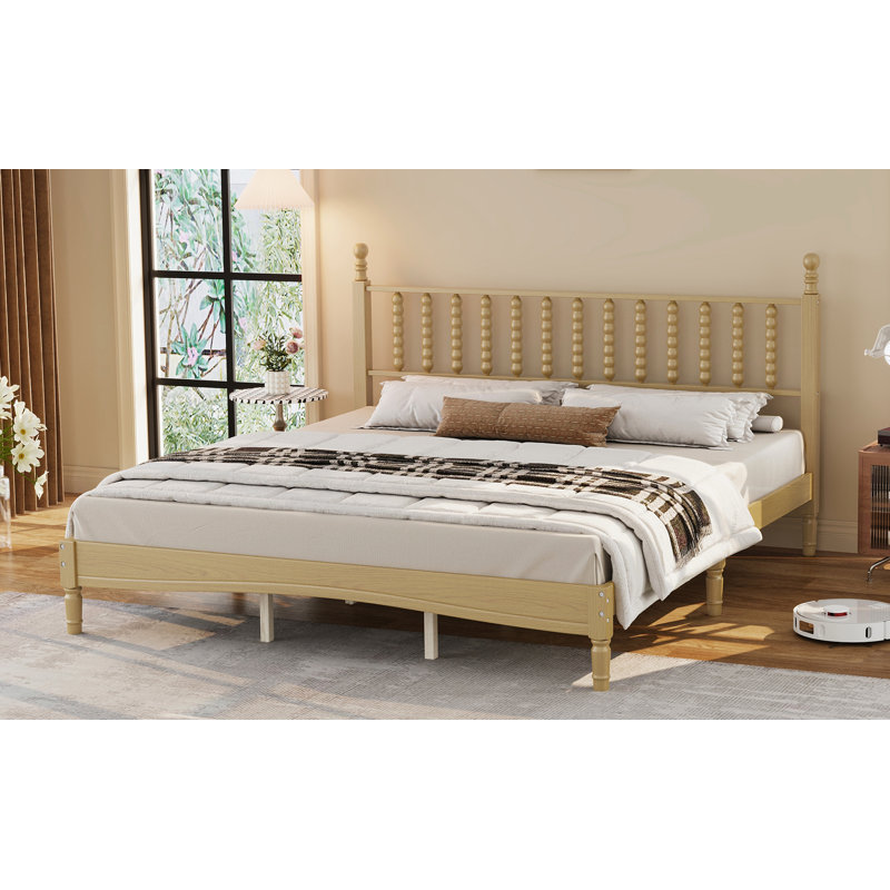 Lit plateforme rétro Aurex avec tête de lit en forme de gourde et support en lattes de bois, Très grand lit