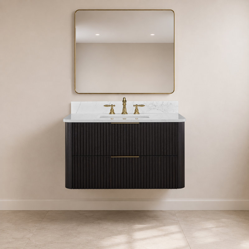 Meuble-lavabo flottant 36 po avec lavabo, meuble-lavabo mural cannelé, comptoir en faux marbre, tiroir à fermeture en douceur, entièrement assemblé, chêne noir
