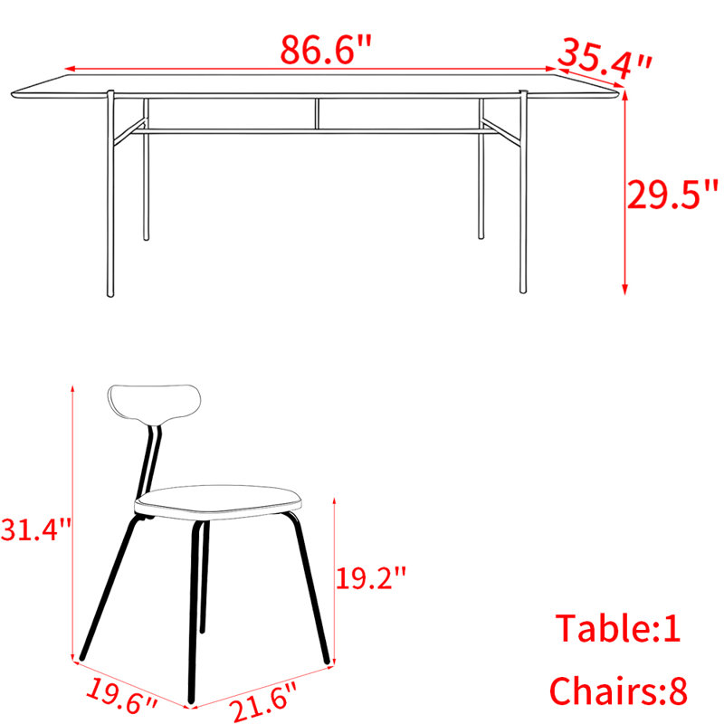 Ensemble de table de salle à manger en bois massif de style américain, H 29,5 po x L 86,6 po x l 35,4 po