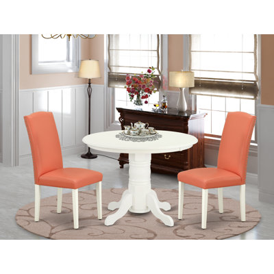 3 Piece Dining Table Set Contains a Round Kitchen Table with Pedestal and 2 Pink Flamingo Faux Leather Upholstered Chairs, Linen White