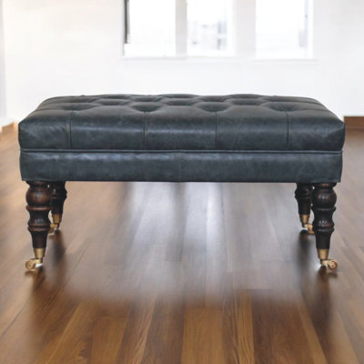 Buffalo Teal Leather Ottoman With Castor Legs by Canora Grey