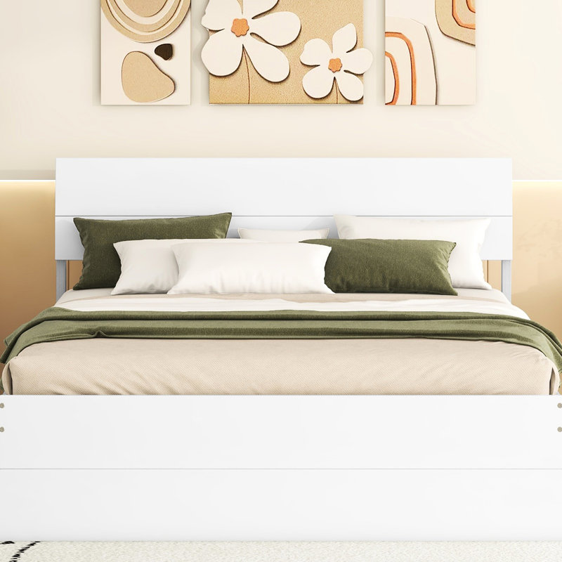 Élégante base de lit double avec lit gigogne simple et 2 tiroirs polyvalents en blanc ultrabrillant fonctionnel, Blanc