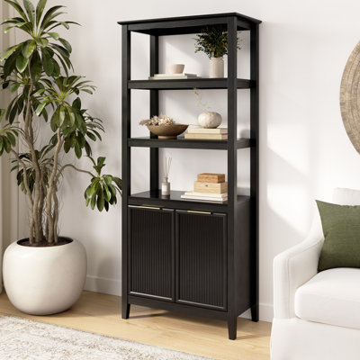 Bibliothèque à 5 tablettes avec portes, conception cannelée, armoire de rangement haute, bois moderne, bouleau onyx