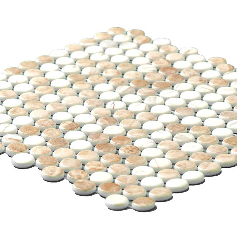 Eterna Penny 12"x12" Recycled Glass Mosaic Tile, Cream Blend