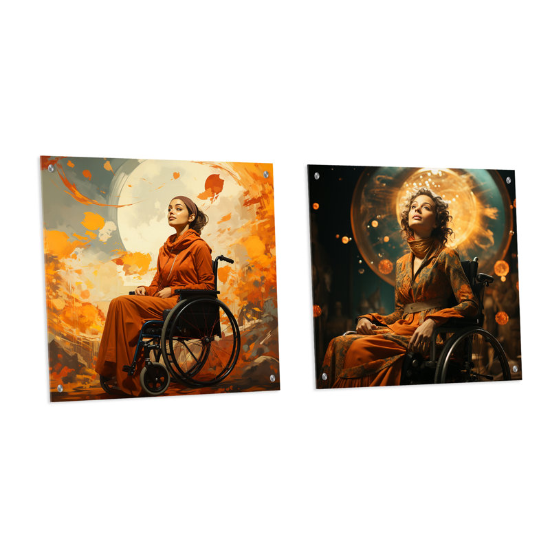 Femme sur fauteuil roulant - ensemble de 2 art mural en verre acrylique, H 16 po x l 33 po