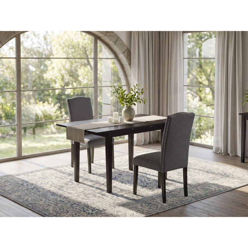 Rectangular Solid Wood Top With Butterfly Leaf Dining Table Set, Dark Gray/Black, Black, 3 Pieces: 1 Table, 2 Chairs