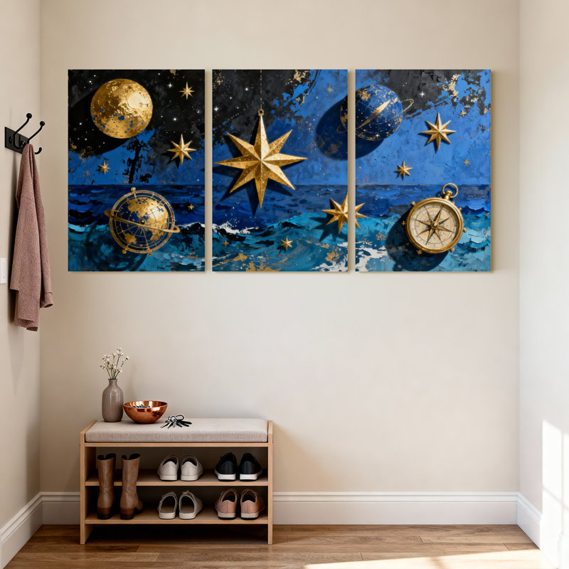 Ensemble de 3 impressions sur toile Cosmic Stars Moon Compass Globe Ocean Night Sky, H 18 po x l 36 po