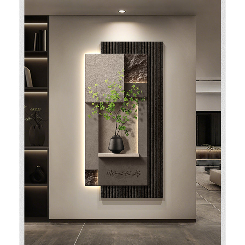 Luxury Sensor 3d Sandstone Led Wall Art: Geometric Entryway Decor, 62.99" H x 31.5" W x 3.94" D, Black/Gray/Green