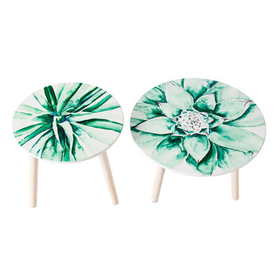 Paire de tables d'appoint inspirées de la nature - Dessus de plantes grasses à motif aquarelle pour rehausser l'ambiance de votre chambre à coucher