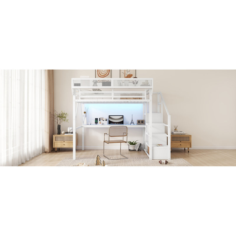 Lit mezzanine double avec bureau et station de charge, lit mezzanine double en métal avec escalier et lumière pour enfants adolescents, blanc