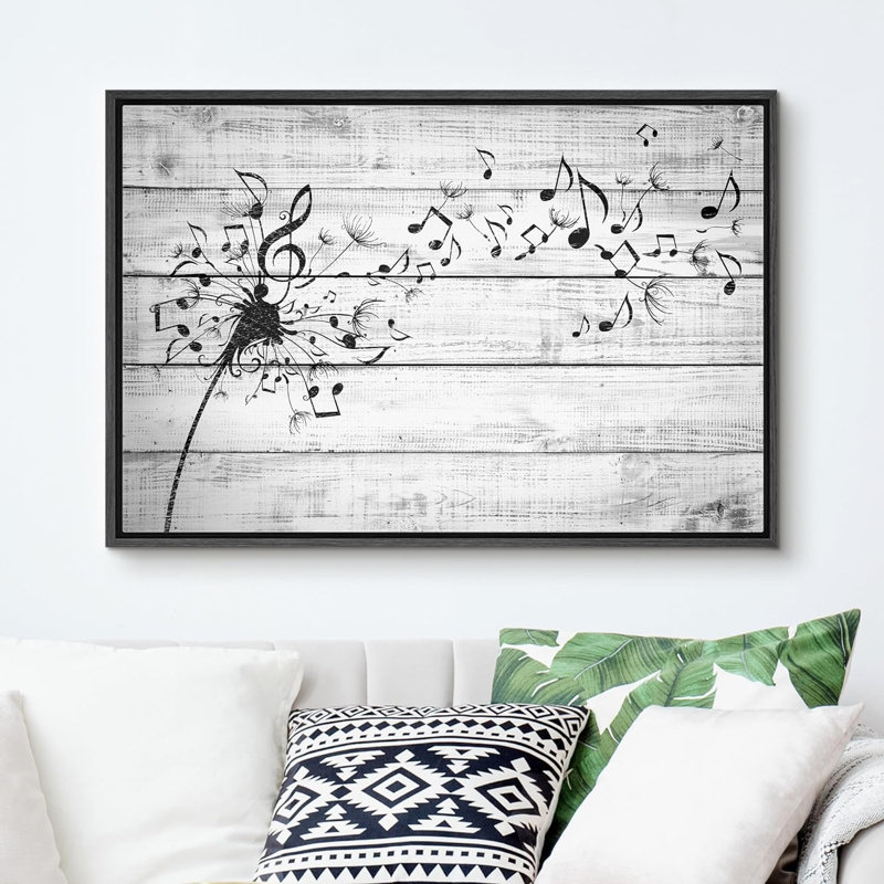Impression sur toile grise à motif de pissenlit floral, impression sur toile, L 36 po x H 24 po, Cadre flottant noir