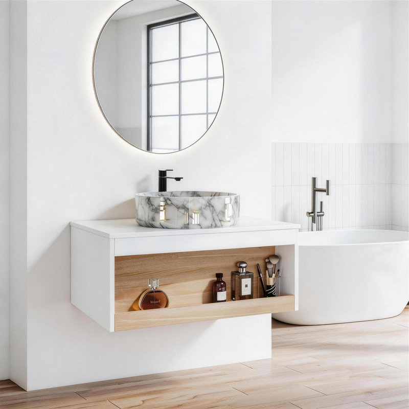 Meuble-lavabo mural 30 po avec lavabo en céramique et compartiments de rangement ouverts, 30, Gris