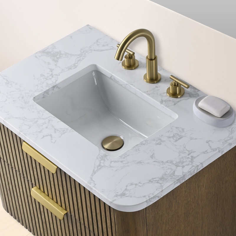Liljan 30'' Wall-Mounted Single Bathroom Vanity with Engineered Stone Top, Aged Oak/Brushed Bronze