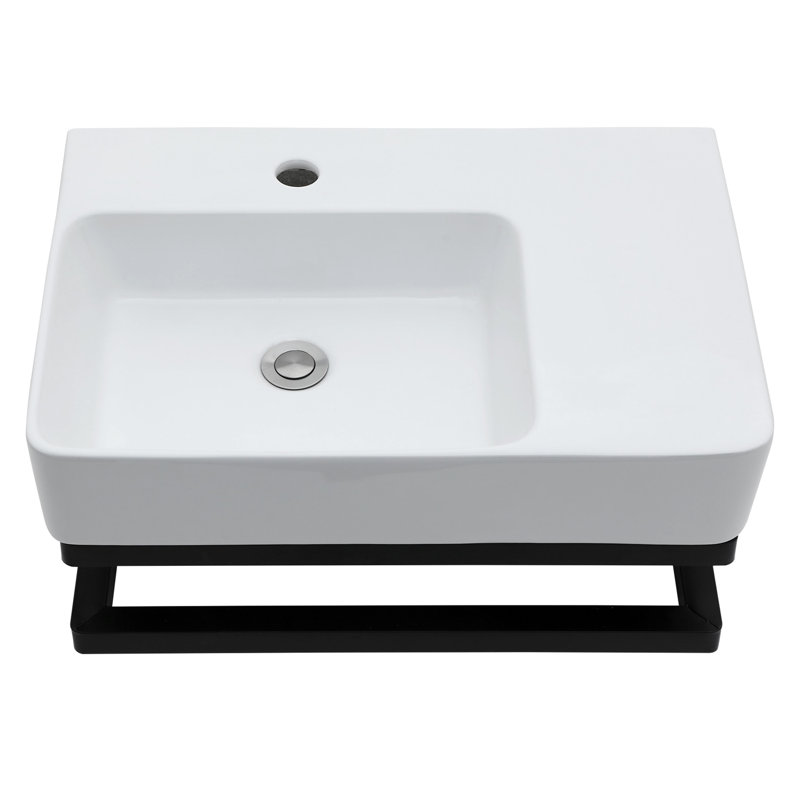 Lavabo de salle de bain mural en céramique 23,84 po x 16,5 po avec trou de robinet et barre à serviettes noire, profondeur de lavabo rectangulaire blanche à faible entretien