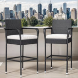  Outdoor Wicker Bar Stools Set Of 2 Patio Wicker Counter Stools With Armrest And Backrest Outdoor Bar Height Chairs
