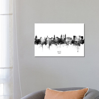 Nice France Skyline Name Bw by Michael Tompsett - 1 Piece Wrapped Canvas Painting