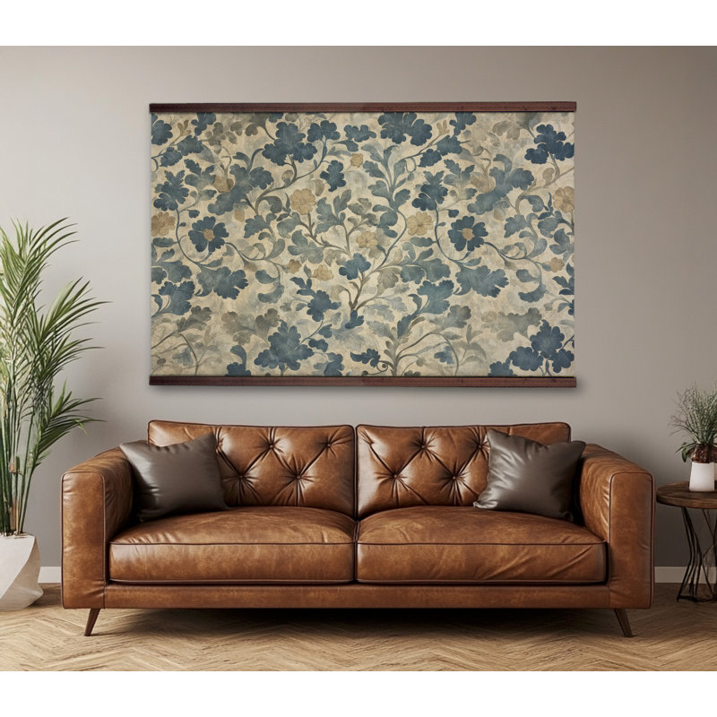William Morris Botanical Wall Art Tapestry – Vintage Floral Pattern in Blue and Taupe, 32" H x 48" W