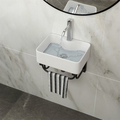 Wall-Mounted Rectangular Ceramic Bathroom Sink With Towel Bar And Faucet Hole